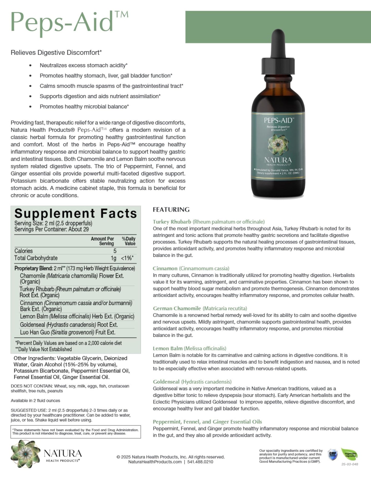 Natura Health Products Peps-Aid liquid herbal supplement bottle with dropper cap for easy dosage measurement.