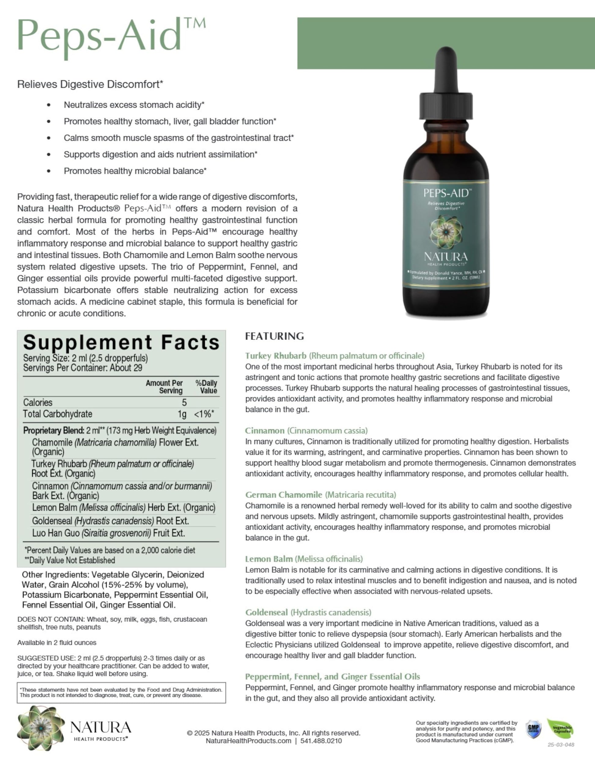 Natura Health Products Peps-Aid liquid herbal supplement bottle with dropper cap for easy dosage measurement.