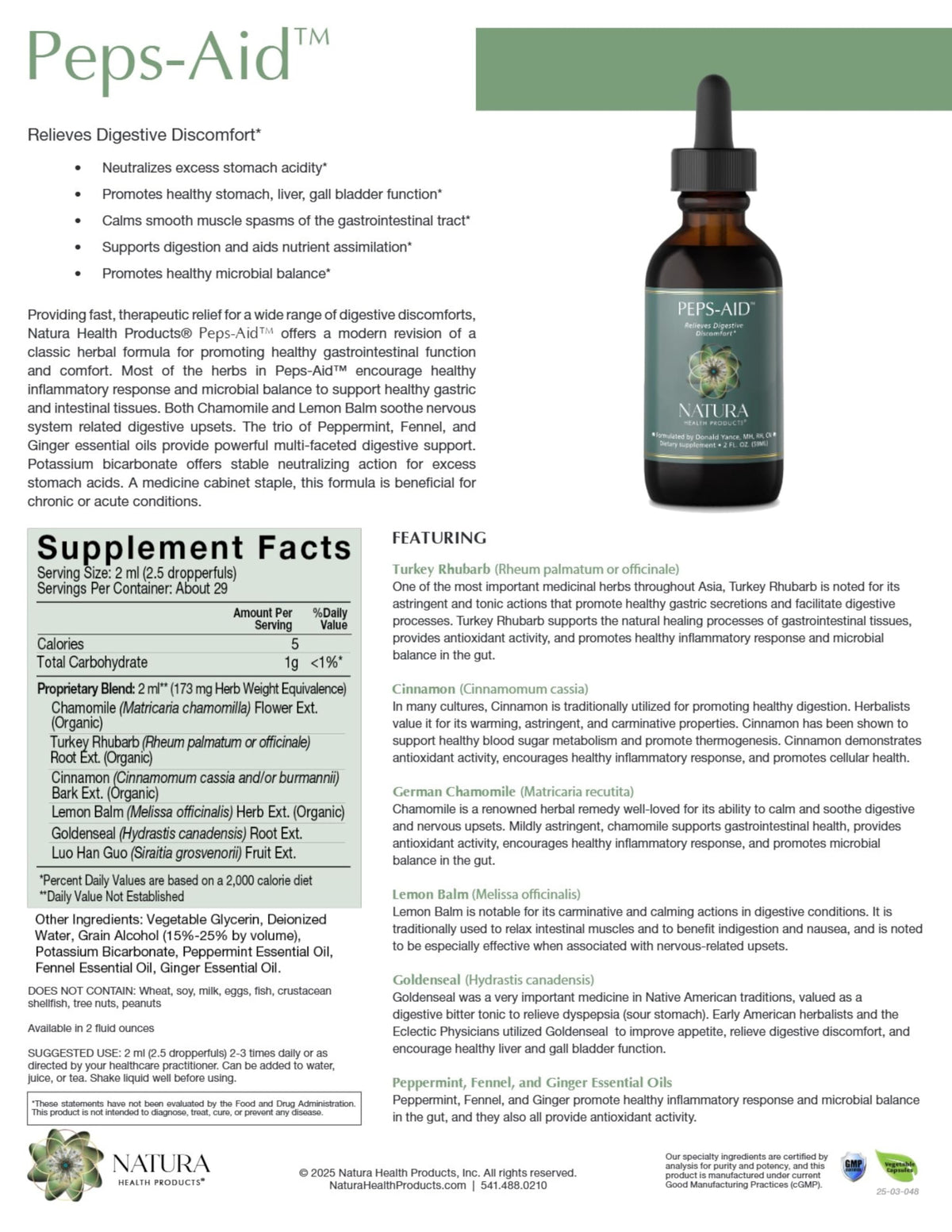 Natura Health Products Peps-Aid liquid herbal supplement bottle with dropper cap for easy dosage measurement.