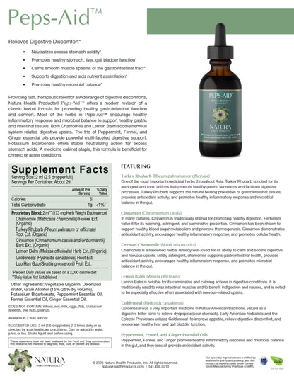 Natura Health Products Peps-Aid liquid herbal supplement bottle with dropper cap for easy dosage measurement.