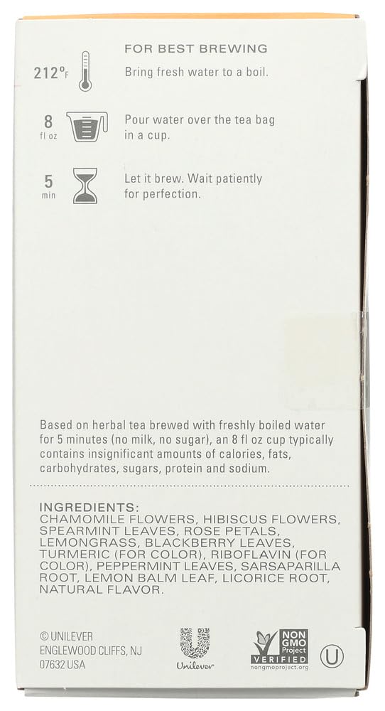 Side panel view of Tazo Calm Chamomile tea showing brewing instructions