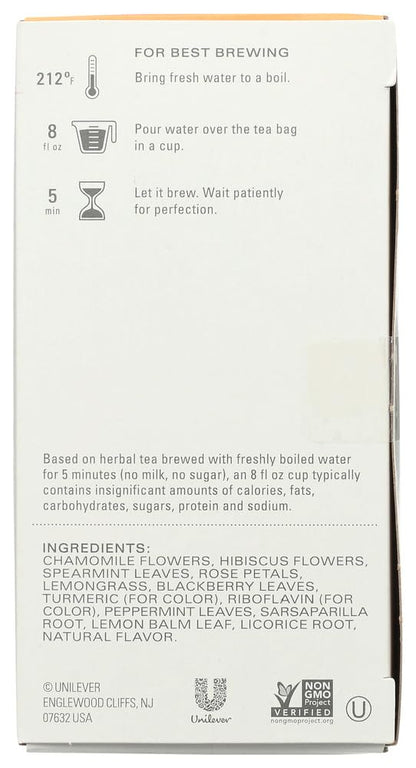 Side panel view of Tazo Calm Chamomile tea showing brewing instructions