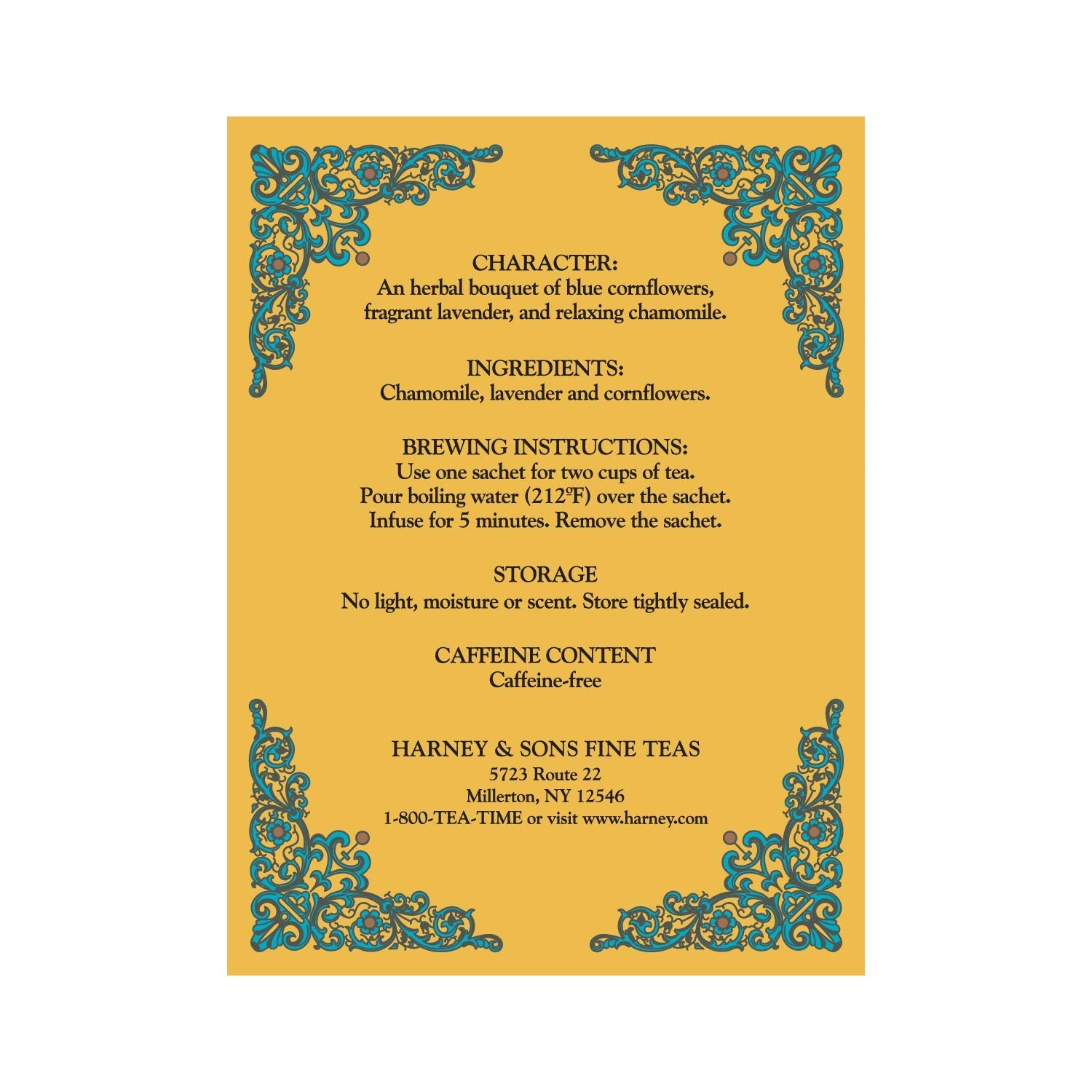 Authentic Harney and Sons herbal tea showing ingredients and silken sachets