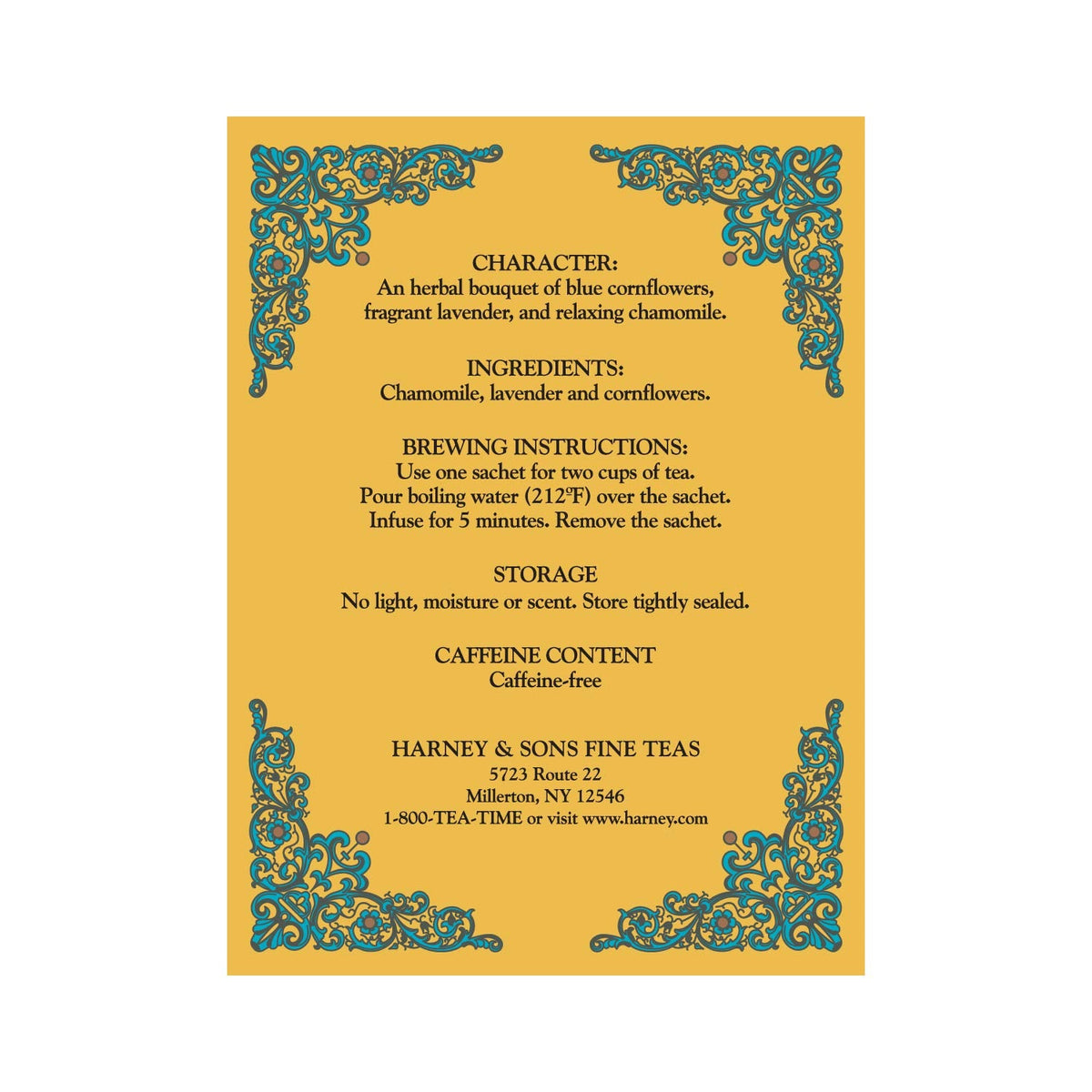 Authentic Harney and Sons herbal tea showing ingredients and silken sachets