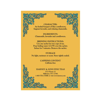 Authentic Harney and Sons herbal tea showing ingredients and silken sachets