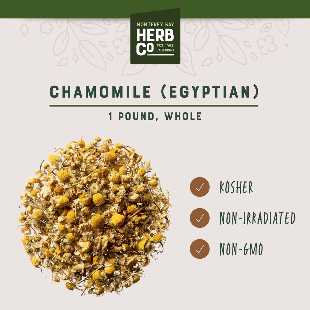 Dried loose leaf Egyptian chamomile blossoms with golden yellow centers and white petals