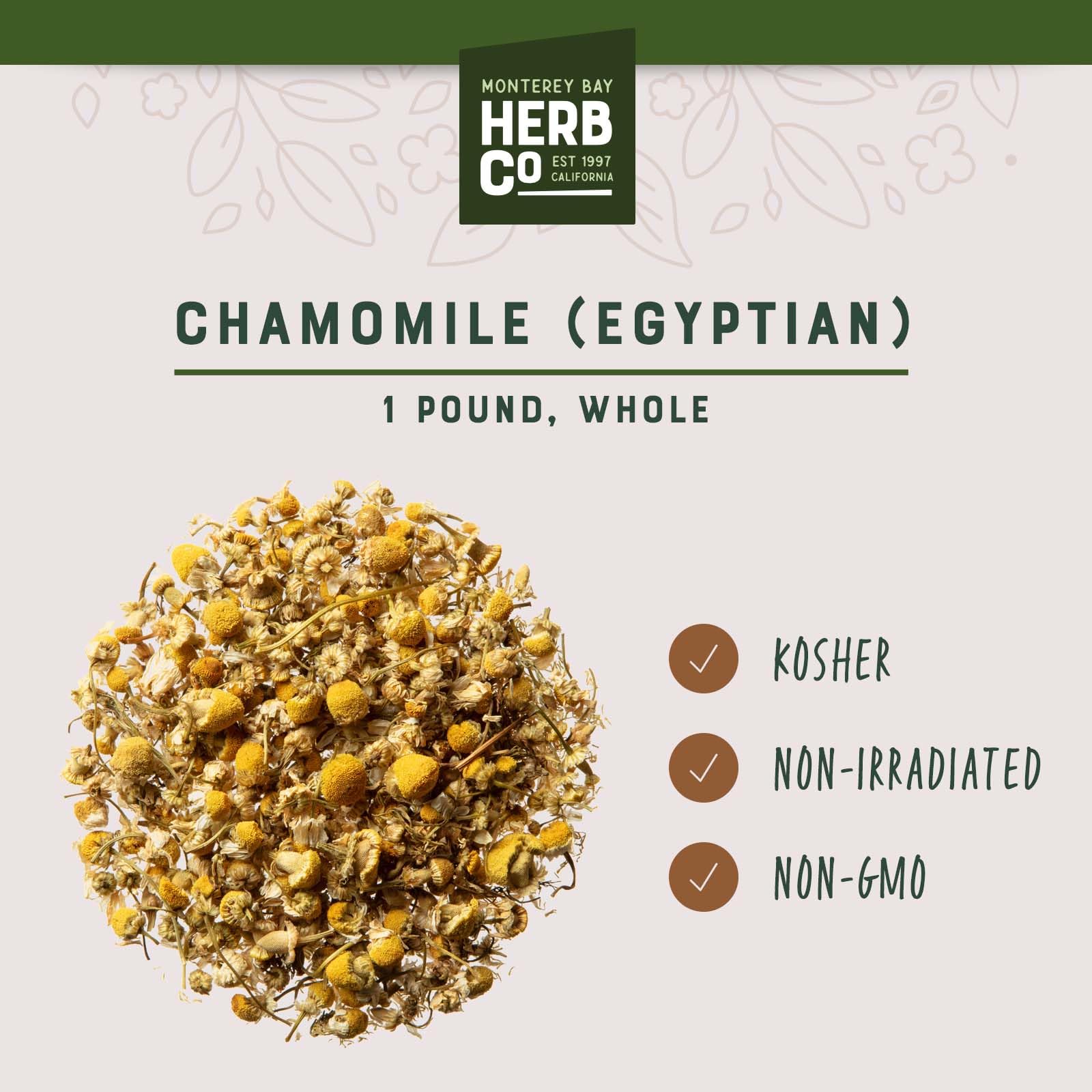 Dried loose leaf Egyptian chamomile blossoms with golden yellow centers and white petals
