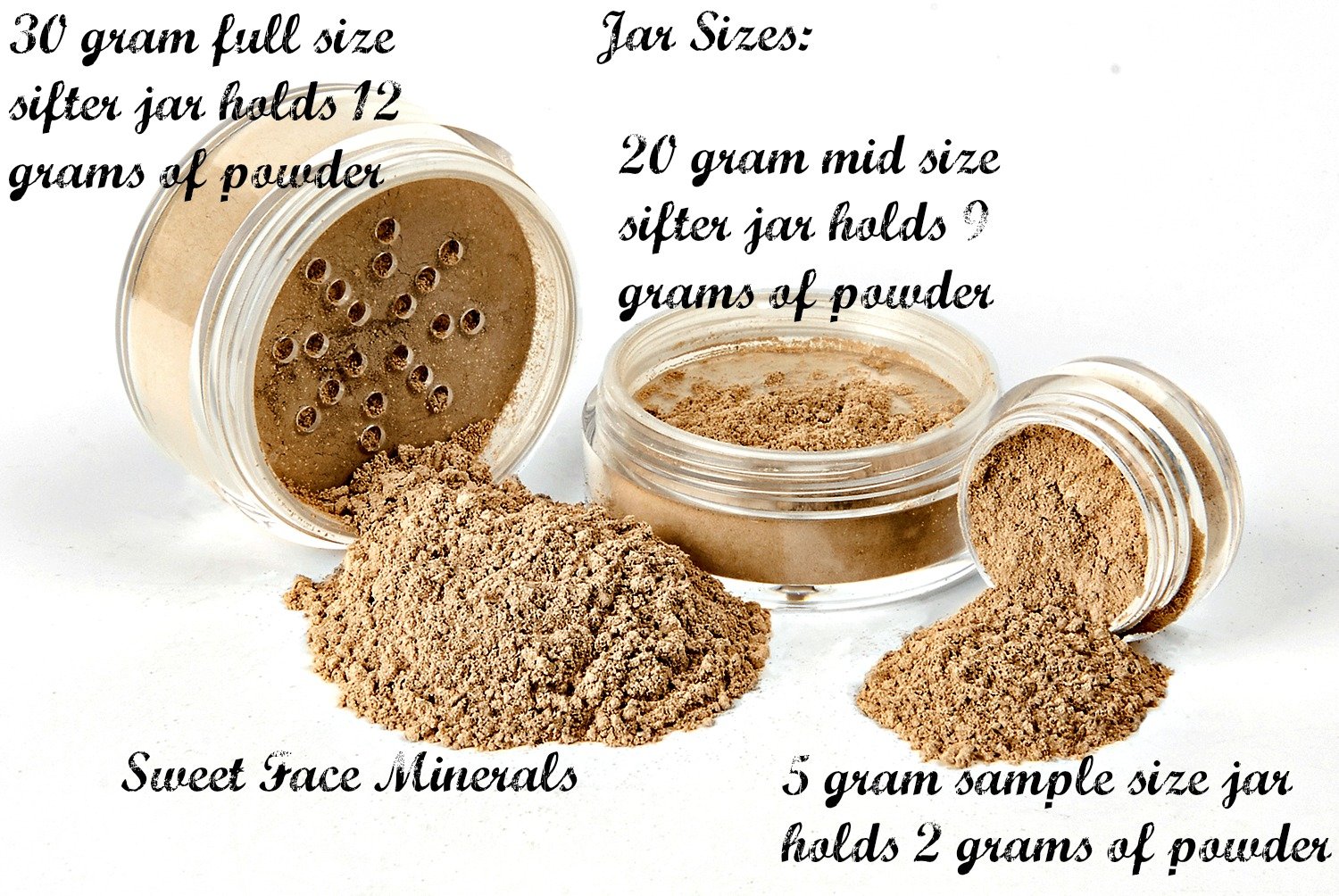 Close up of Sweet Face Minerals loose powder eyeliner jars and applicator brush