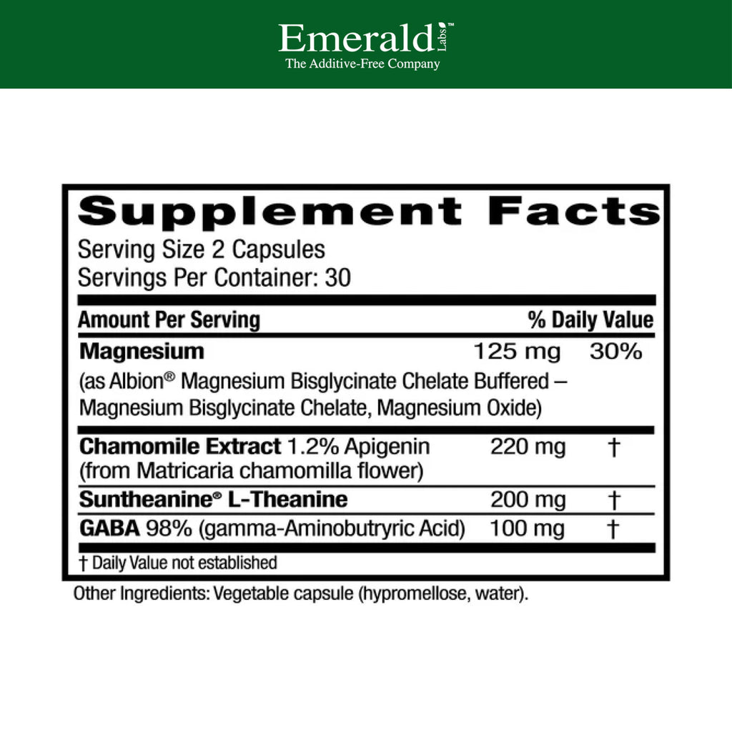 Emerald Labs Cerebral Calm supplement facts panel highlighting GABA and Suntheanine L-Theanine dosages.