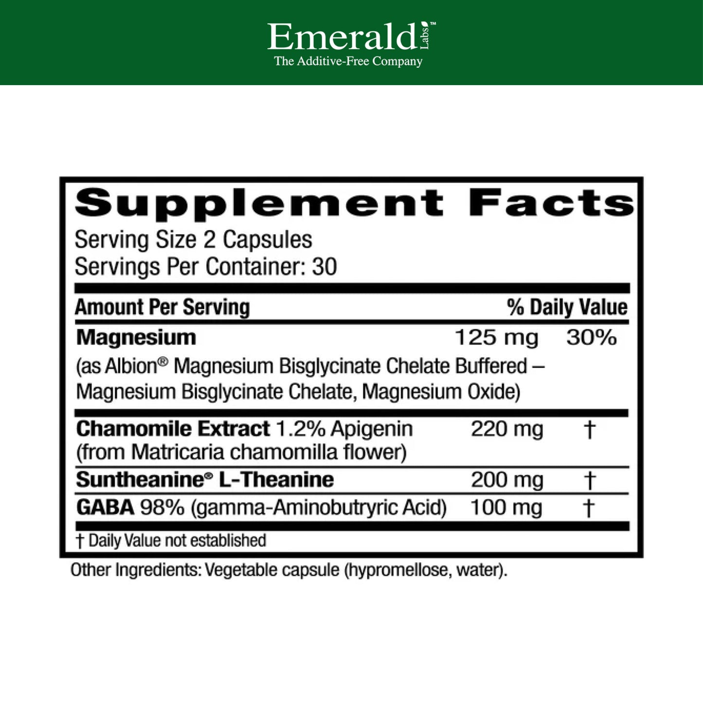 Emerald Labs Cerebral Calm supplement facts panel highlighting GABA and Suntheanine L-Theanine dosages.