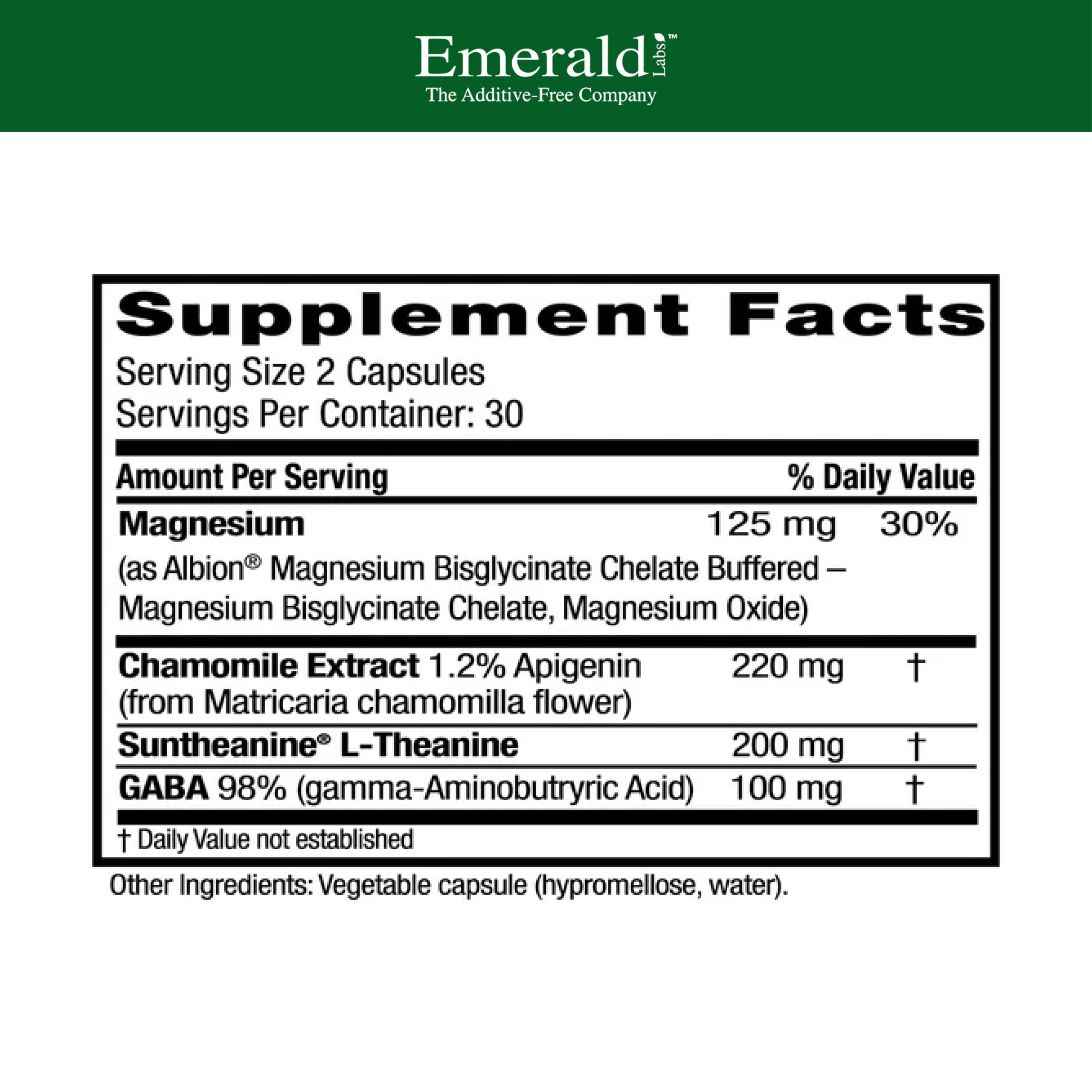 Emerald Labs Cerebral Calm supplement facts panel highlighting GABA and Suntheanine L-Theanine dosages.