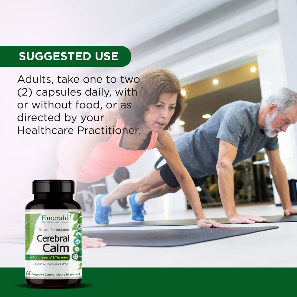 Emerald Labs Cerebral Calm premium calming supplement bottle standing upright on a clean retail shelf setup.