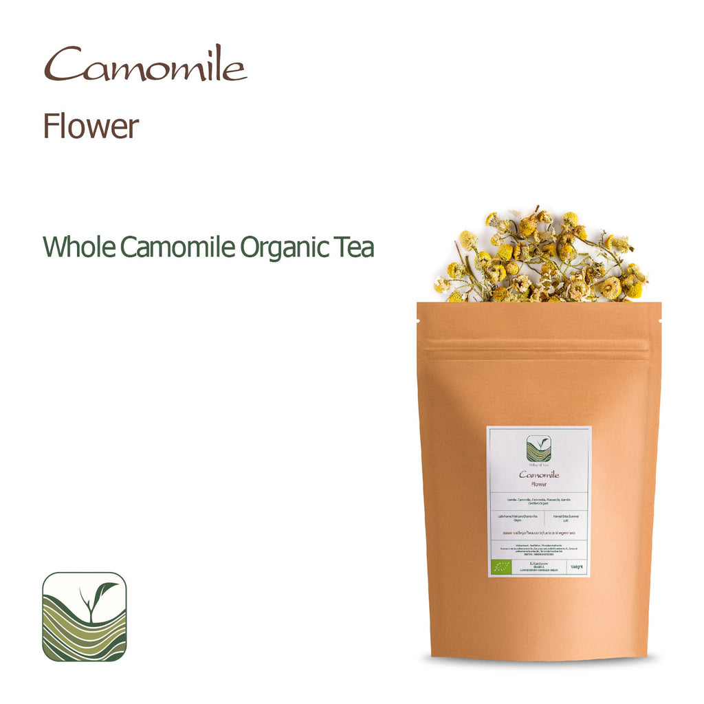 Close up view of premium organic loose chamomile flowers highlighting whole plant buds.