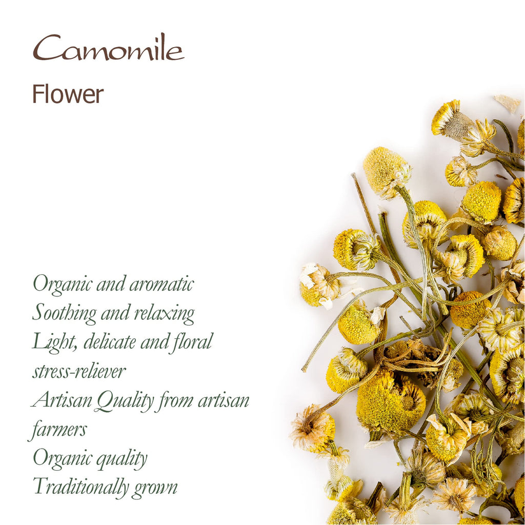 Back label of Valley of Tea Chamomile 100g pack showing brewing instructions.