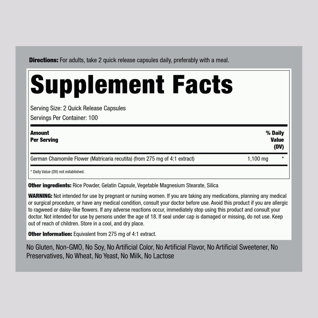 Piping Rock Chamomile Concentrated Extract bottle side view showing supplement facts and ingredient layout.