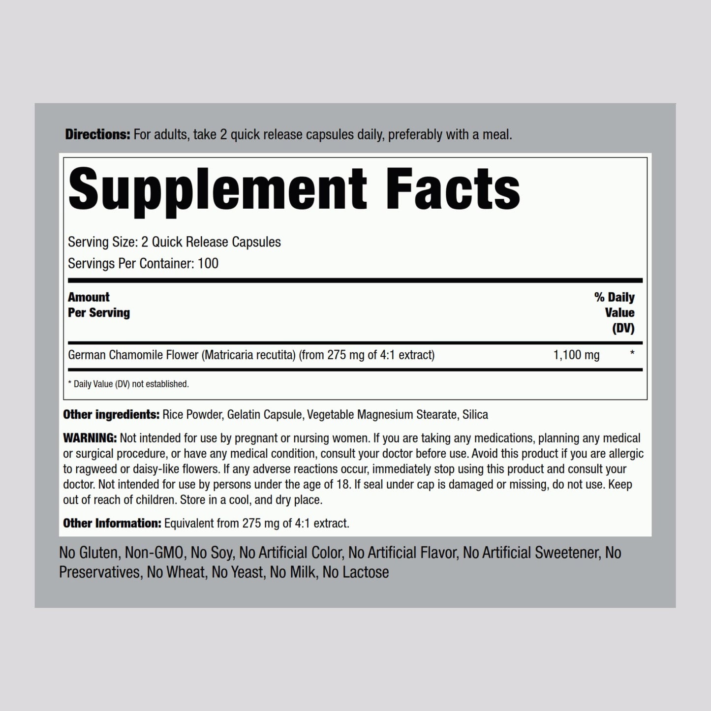 Piping Rock Chamomile Concentrated Extract bottle side view showing supplement facts and ingredient layout.