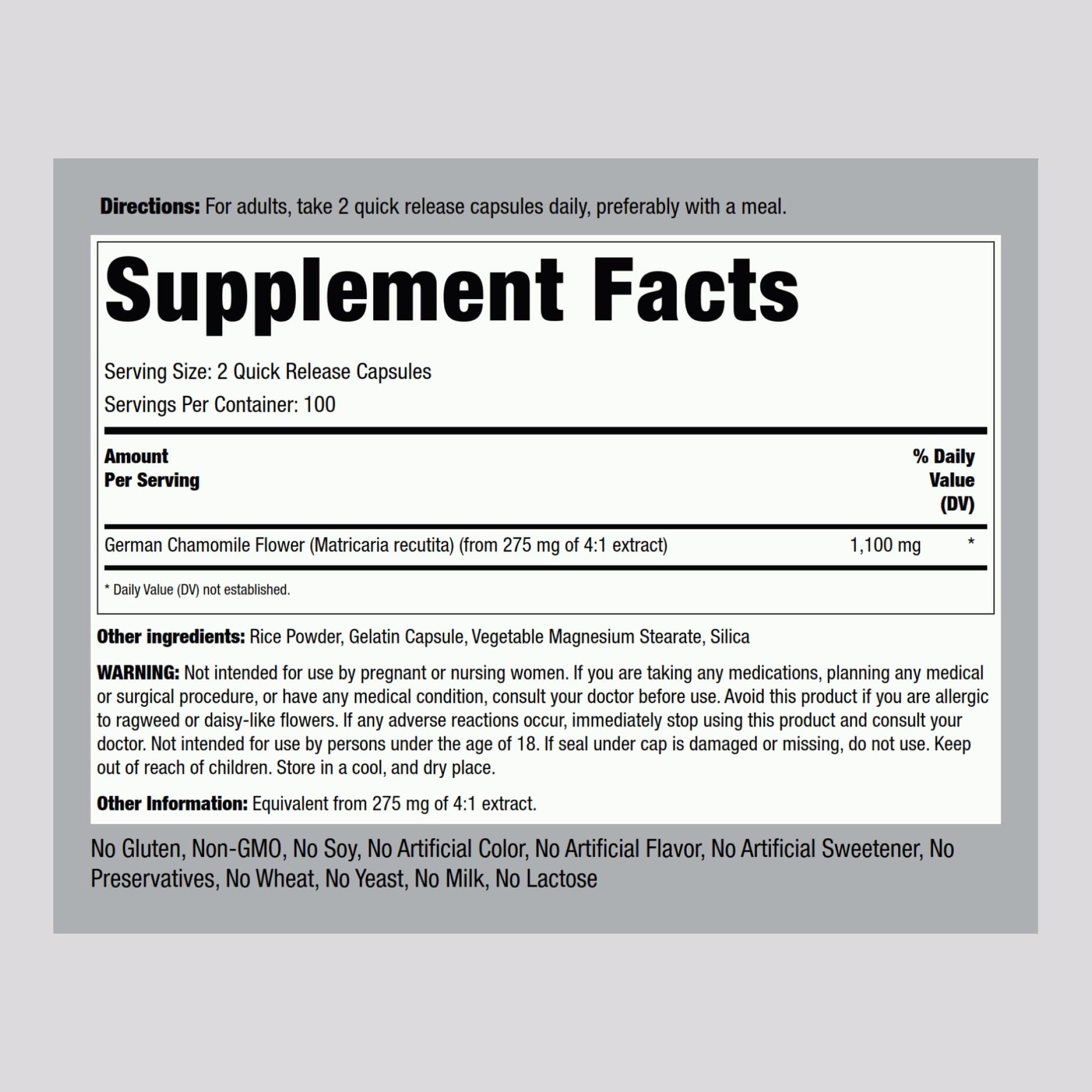 Piping Rock Chamomile Concentrated Extract bottle side view showing supplement facts and ingredient layout.