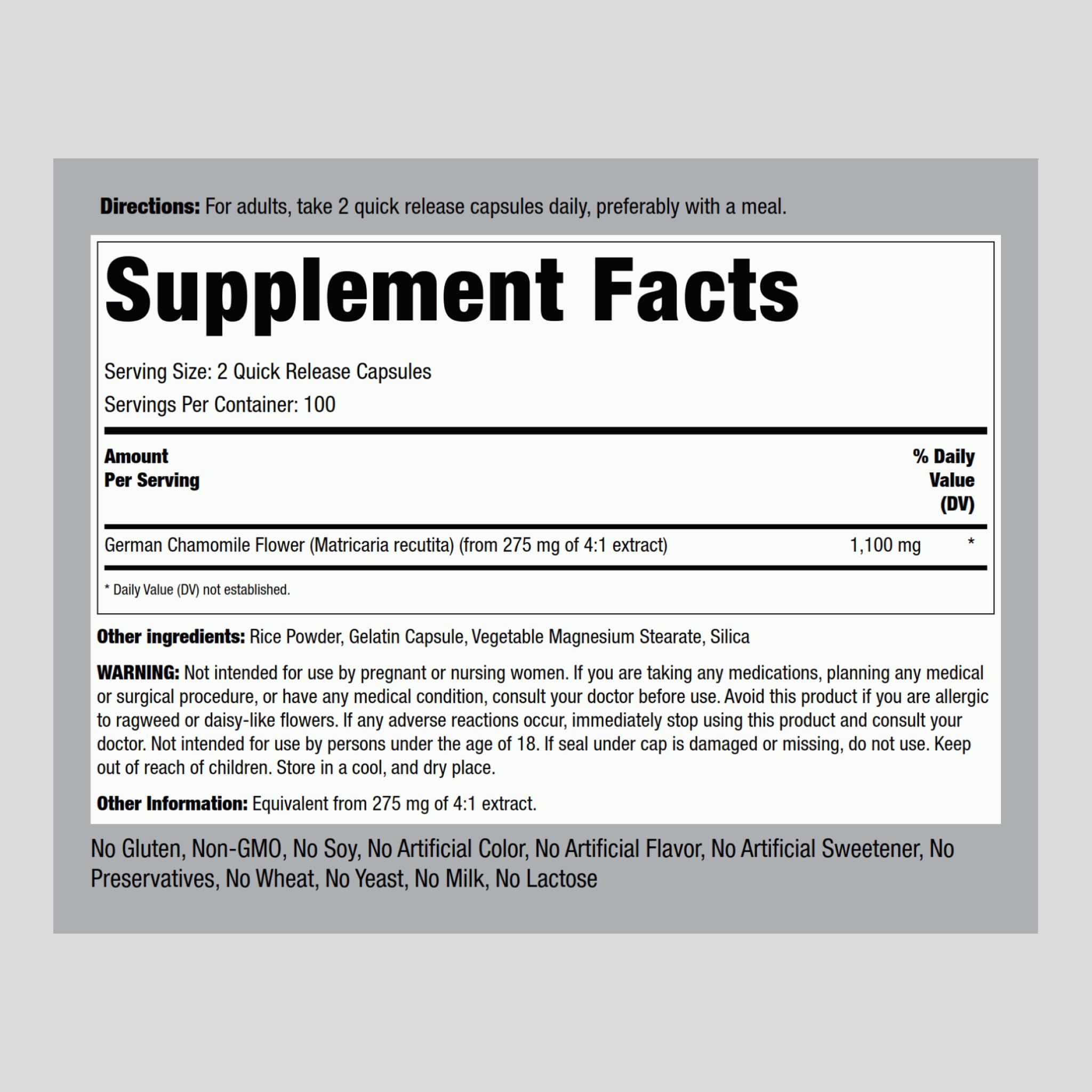Piping Rock Chamomile Concentrated Extract bottle side view showing supplement facts and ingredient layout.