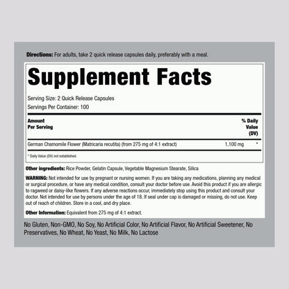Piping Rock Chamomile Concentrated Extract bottle side view showing supplement facts and ingredient layout.