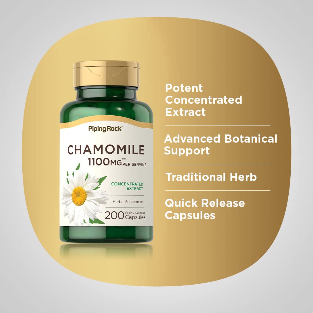 Piping Rock Chamomile herbal supplement quick release capsules showcasing dietary information icons.