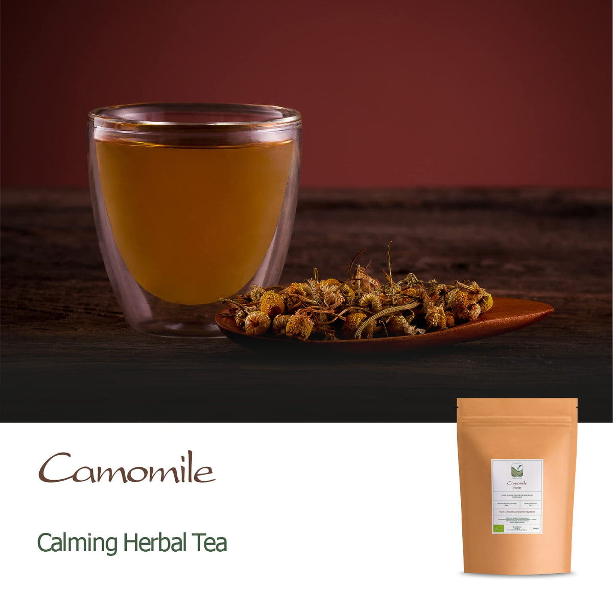 Authentic imported package of Valley of Tea German chamomile showing certification logos.