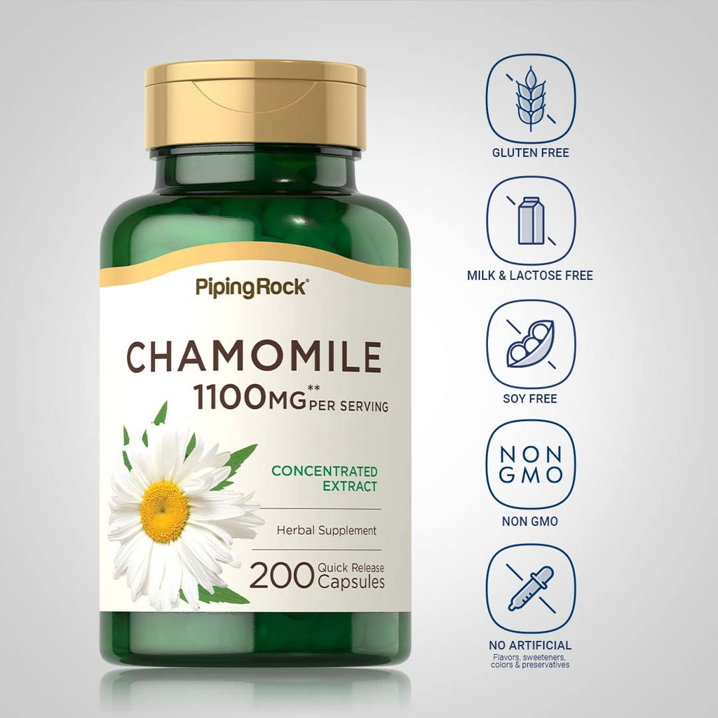 Authentic Piping Rock Chamomile 1100 milligrams non GMO gluten free capsule supplement package.