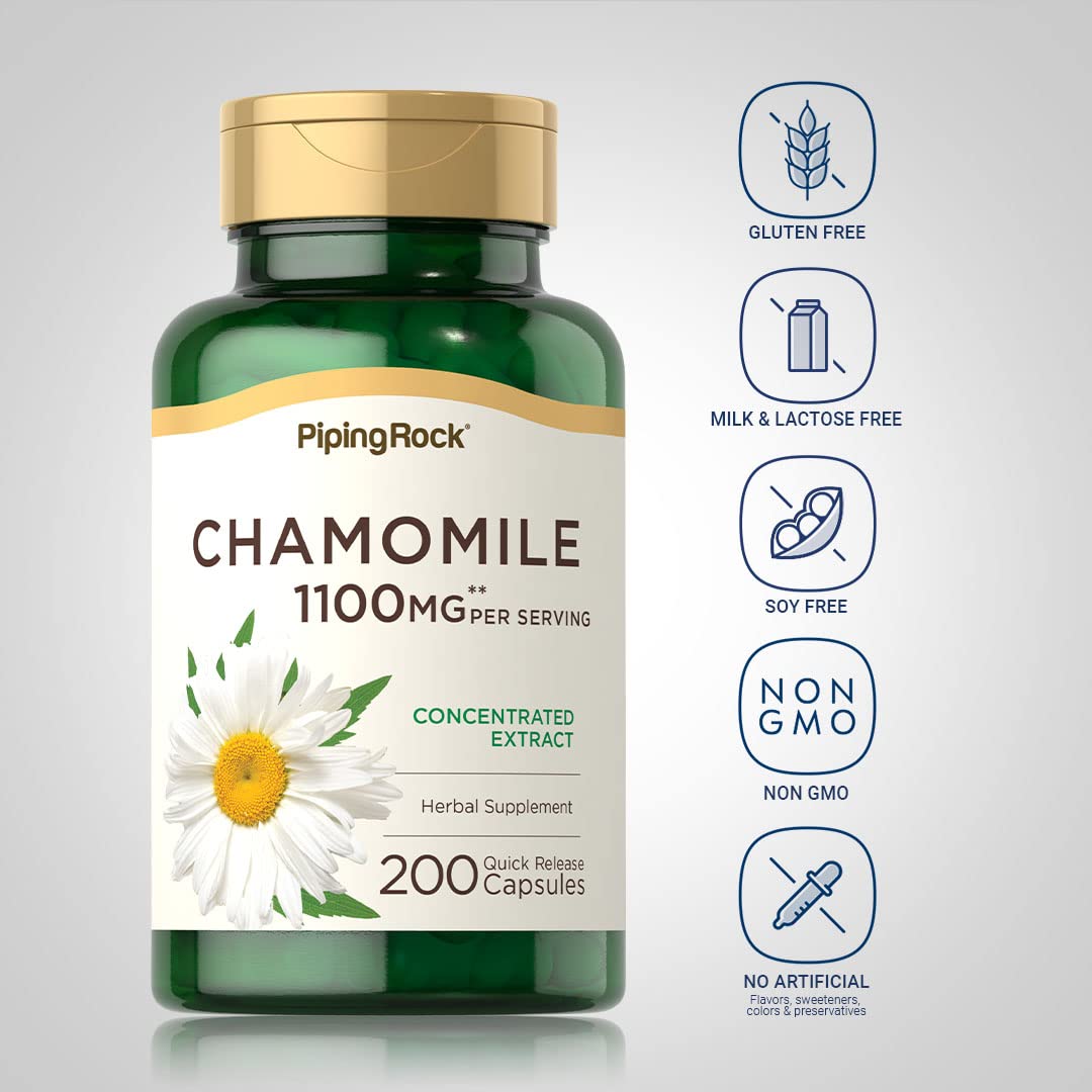 Authentic Piping Rock Chamomile 1100 milligrams non GMO gluten free capsule supplement package.