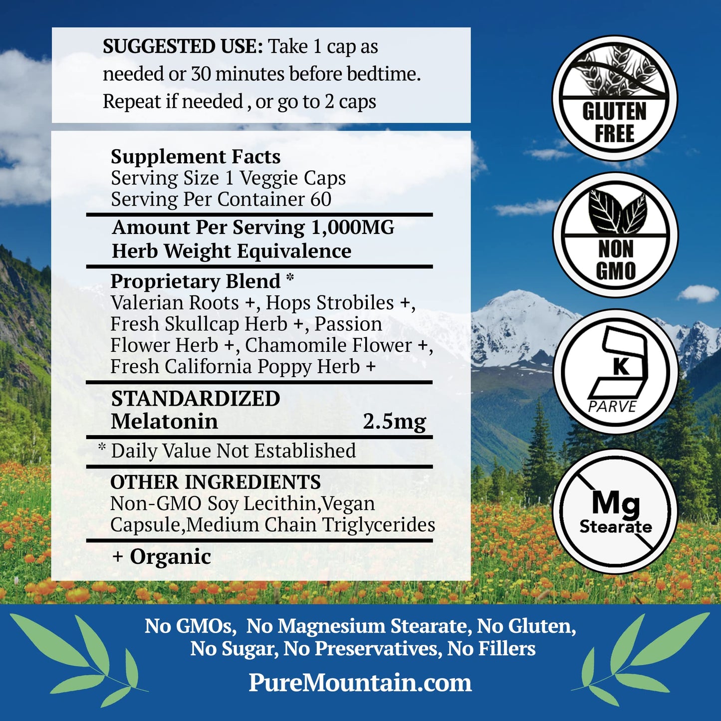Pure Mountain Botanicals Sleep herbal supplement bottle side view displaying supplement facts and 2.5 mg melatonin dosage