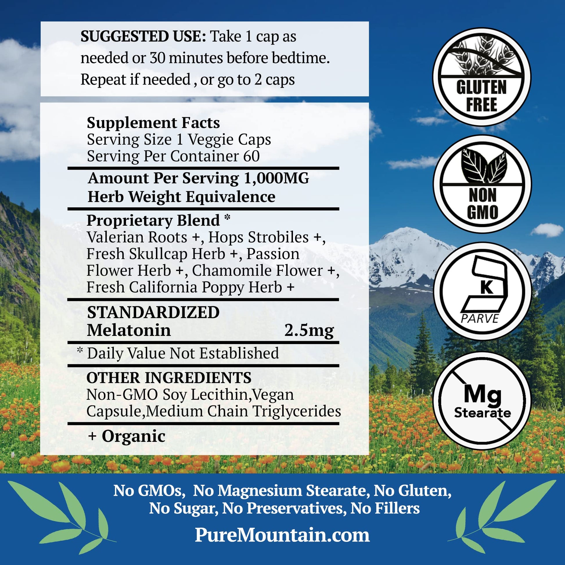 Pure Mountain Botanicals Sleep herbal supplement bottle side view displaying supplement facts and 2.5 mg melatonin dosage