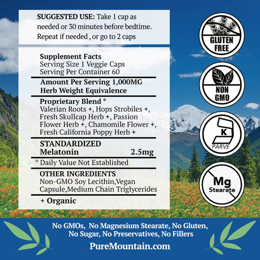 Pure Mountain Botanicals Sleep herbal supplement bottle side view displaying supplement facts and 2.5 mg melatonin dosage