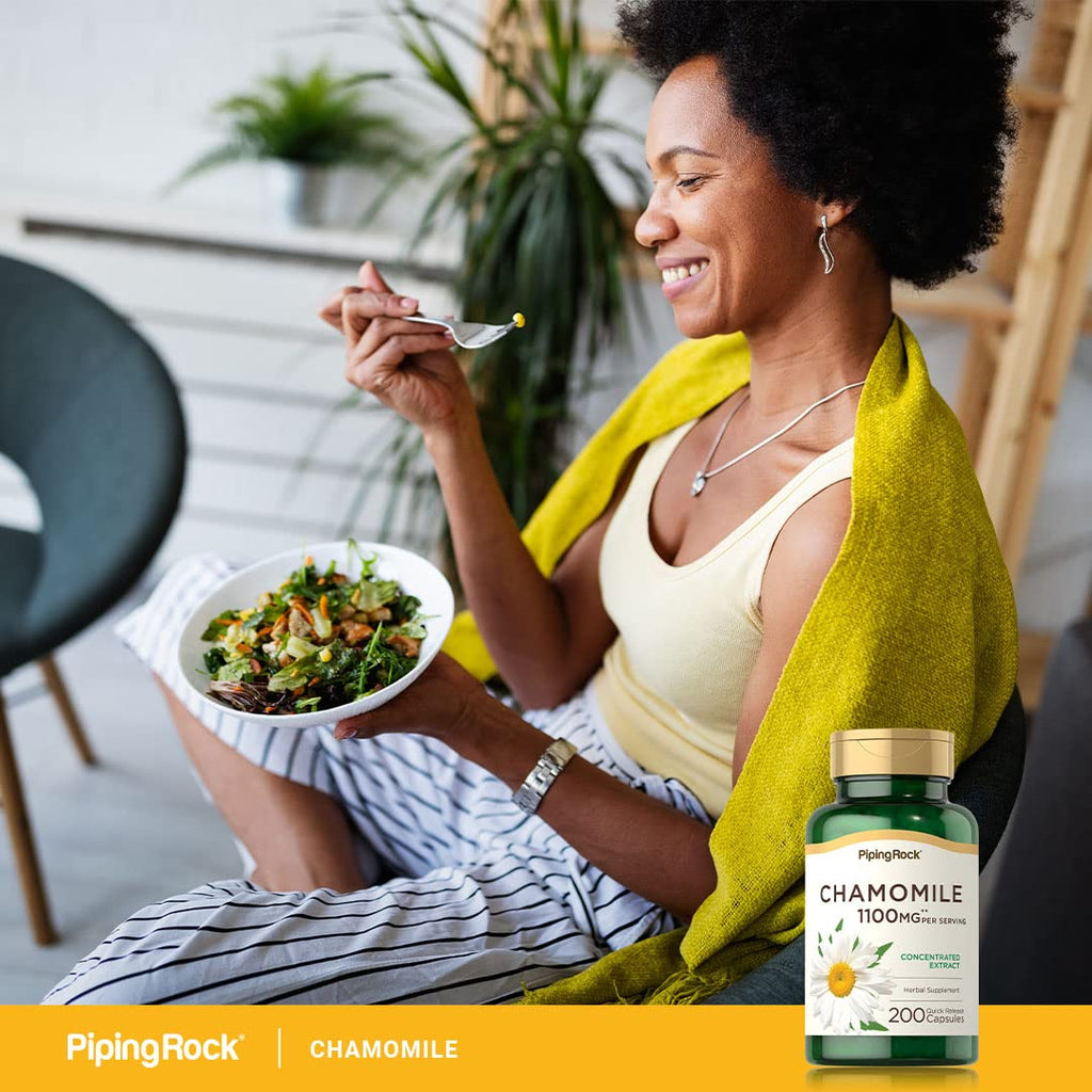 Piping Rock Chamomile 200 quick release capsules bottle standing upright on a clean retail display background.