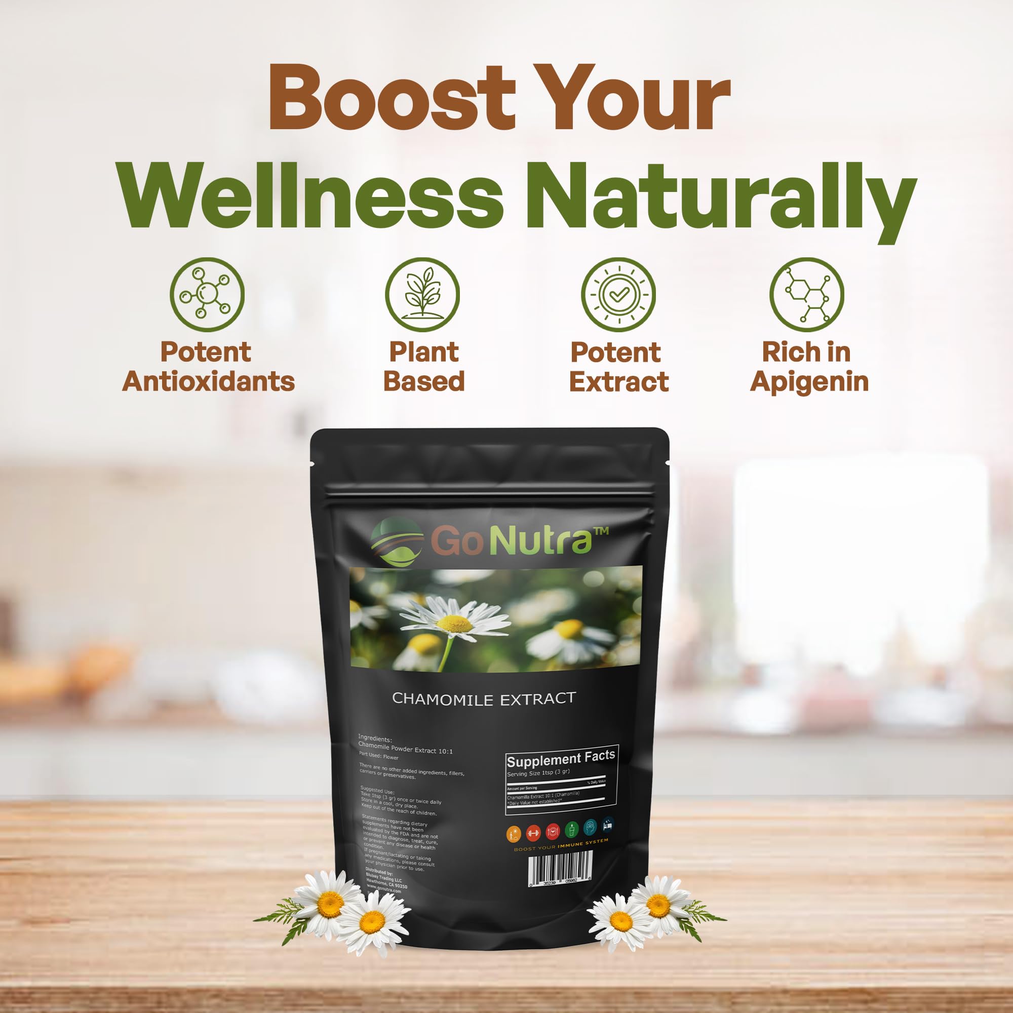 High apigenin chamomile supplement packaging showing ten to one concentration ratio details.