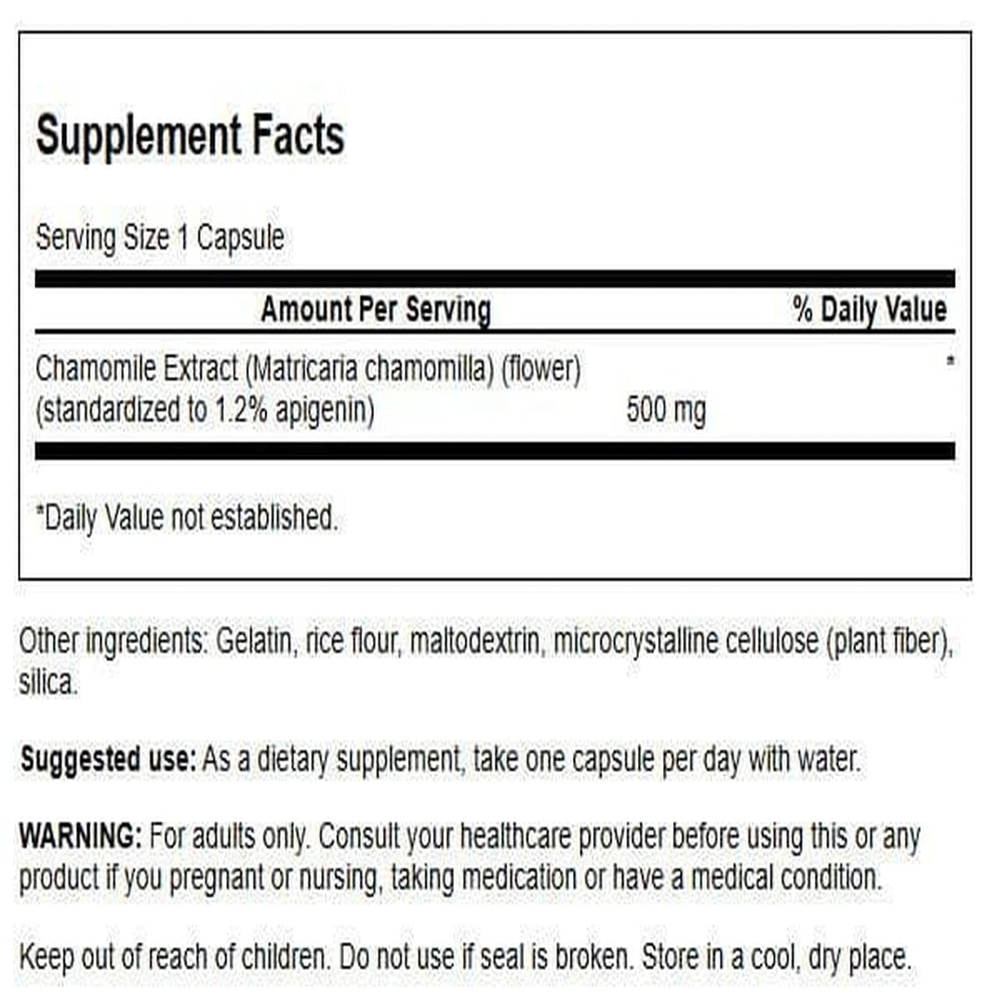 Swanson Chamomile Extract 60 capsules packaging displaying supplement facts and standardized apigenin text.