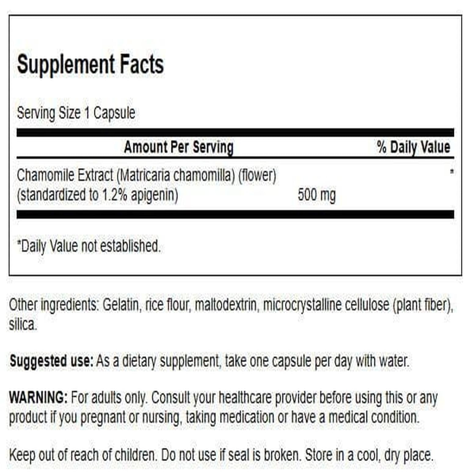 Swanson Chamomile Extract 60 capsules packaging displaying supplement facts and standardized apigenin text.