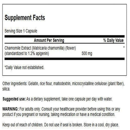 Swanson Chamomile Extract 60 capsules packaging displaying supplement facts and standardized apigenin text.
