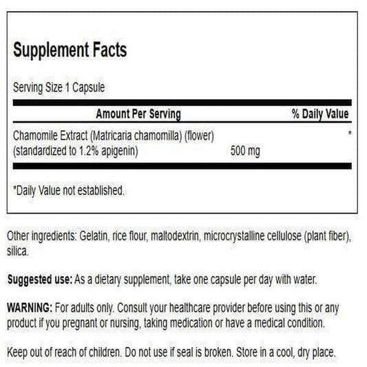 Swanson Chamomile Extract 60 capsules packaging displaying supplement facts and standardized apigenin text.