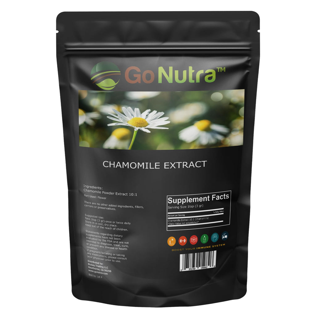 Go Nutra chamomile flower extract nutritional facts and usage instructions on packaging.