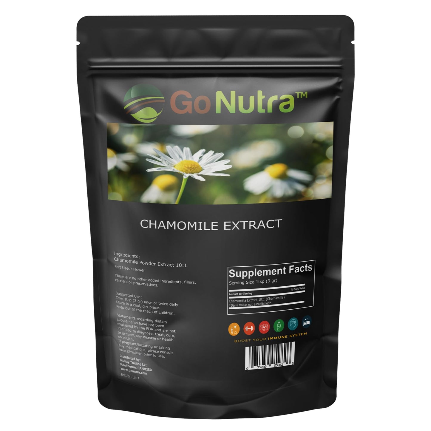 Go Nutra chamomile flower extract nutritional facts and usage instructions on packaging.