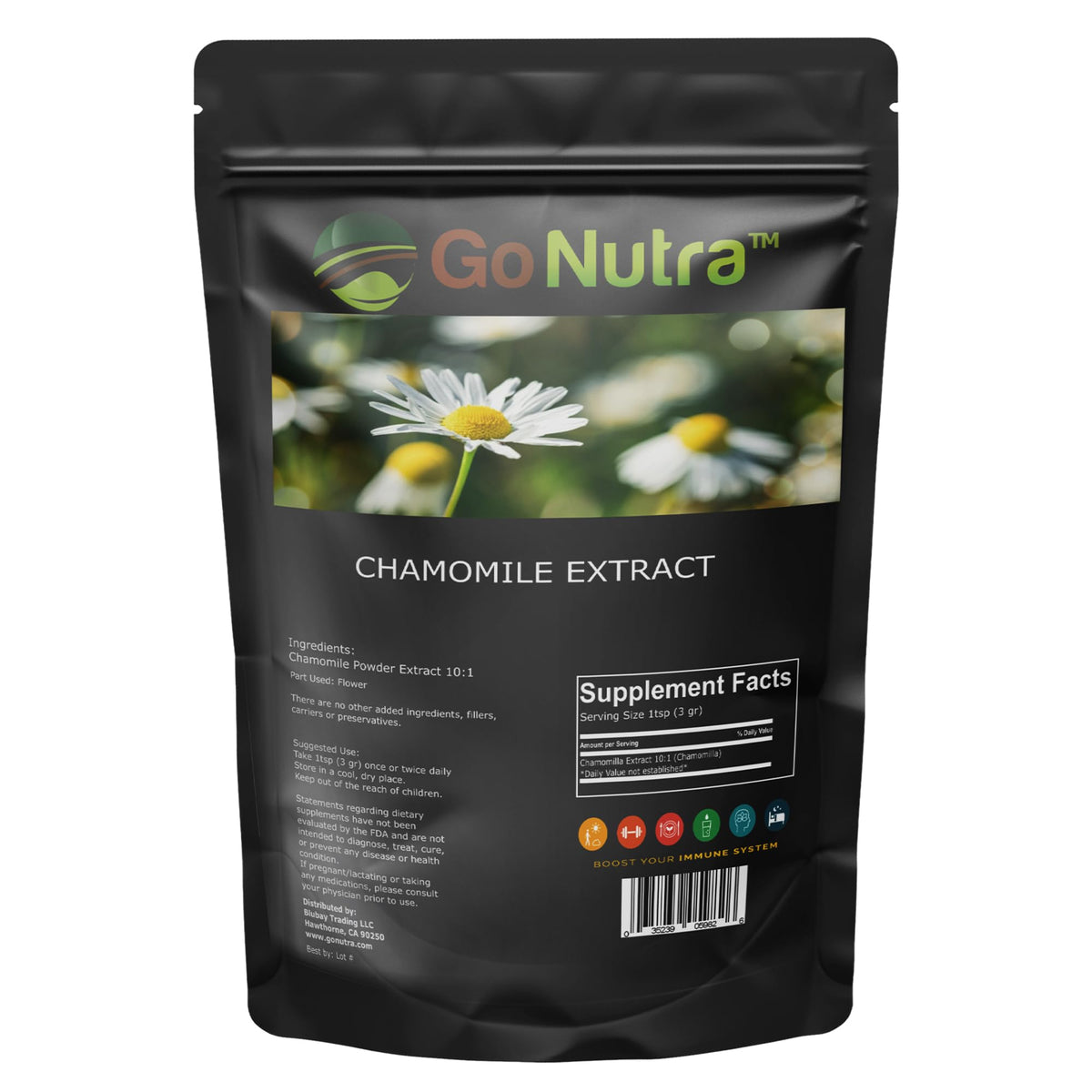Go Nutra chamomile flower extract nutritional facts and usage instructions on packaging.