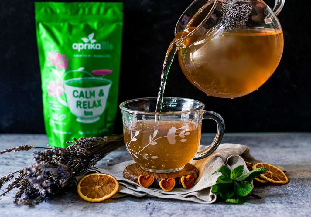 Back label of AprikaLife relaxation tea showing 12 natural herbs list