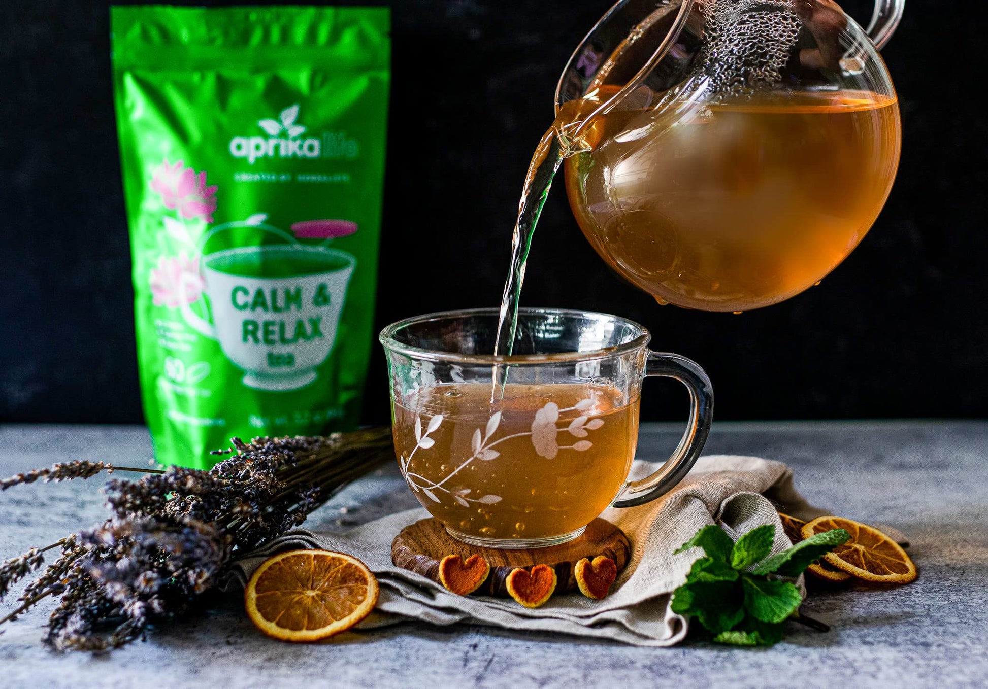 Back label of AprikaLife relaxation tea showing 12 natural herbs list