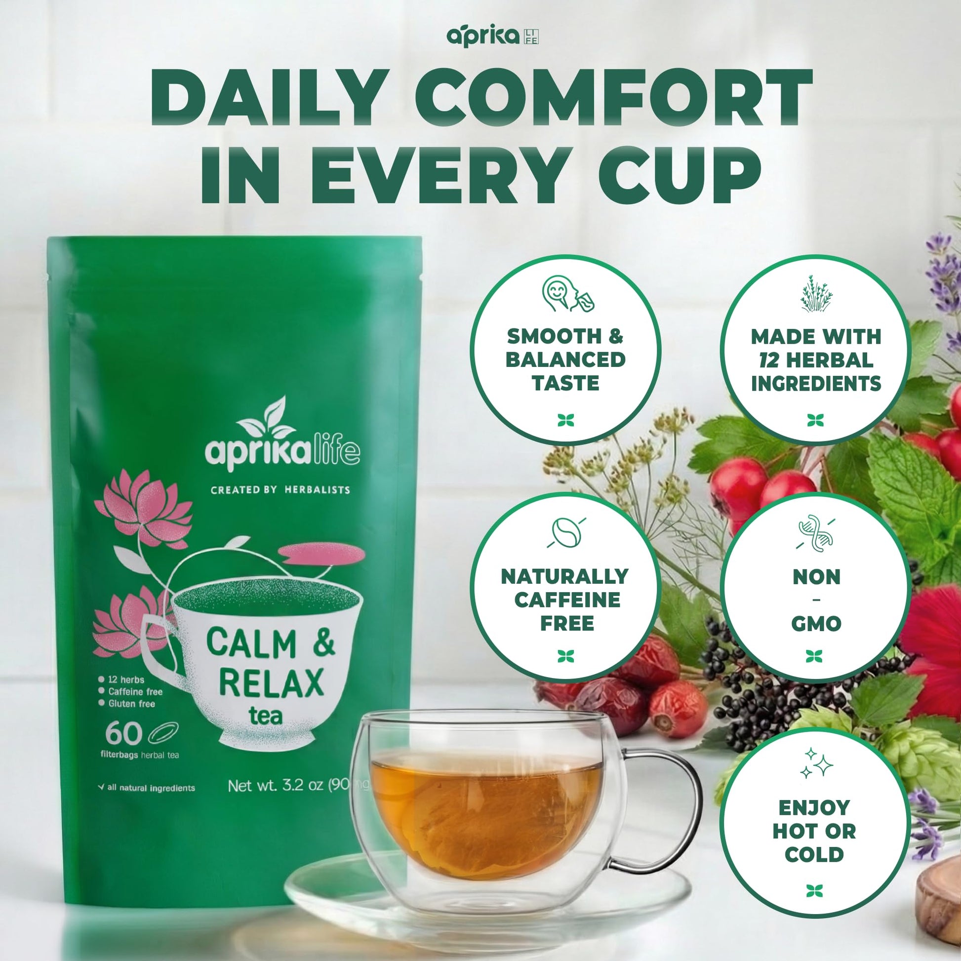 Premium natural stress relief tea ingredients visual arrangement