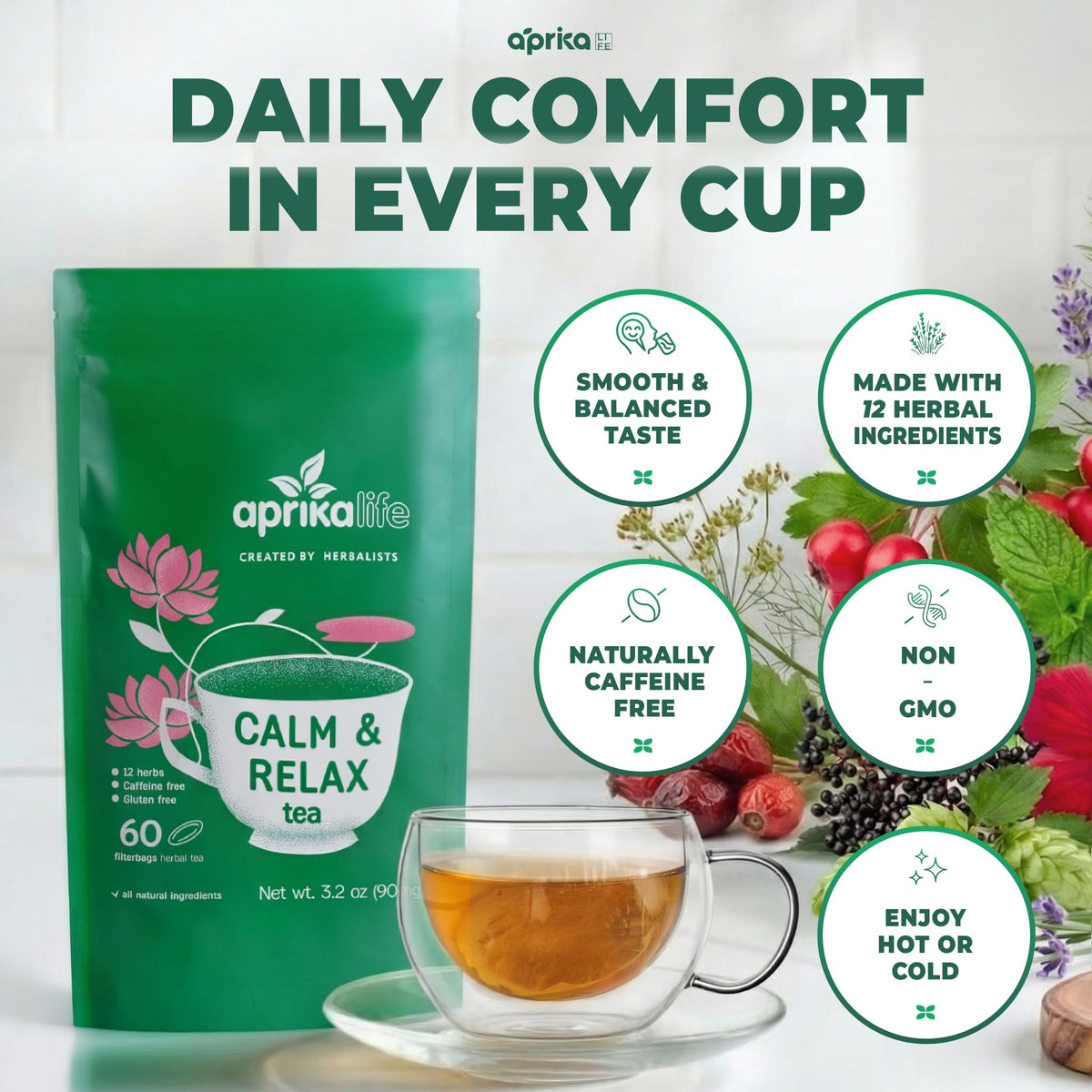 Premium natural stress relief tea ingredients visual arrangement