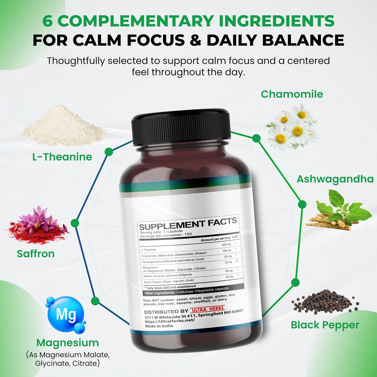 Side profile of Ultra Herbs relaxation supplement showing USA sourcing details