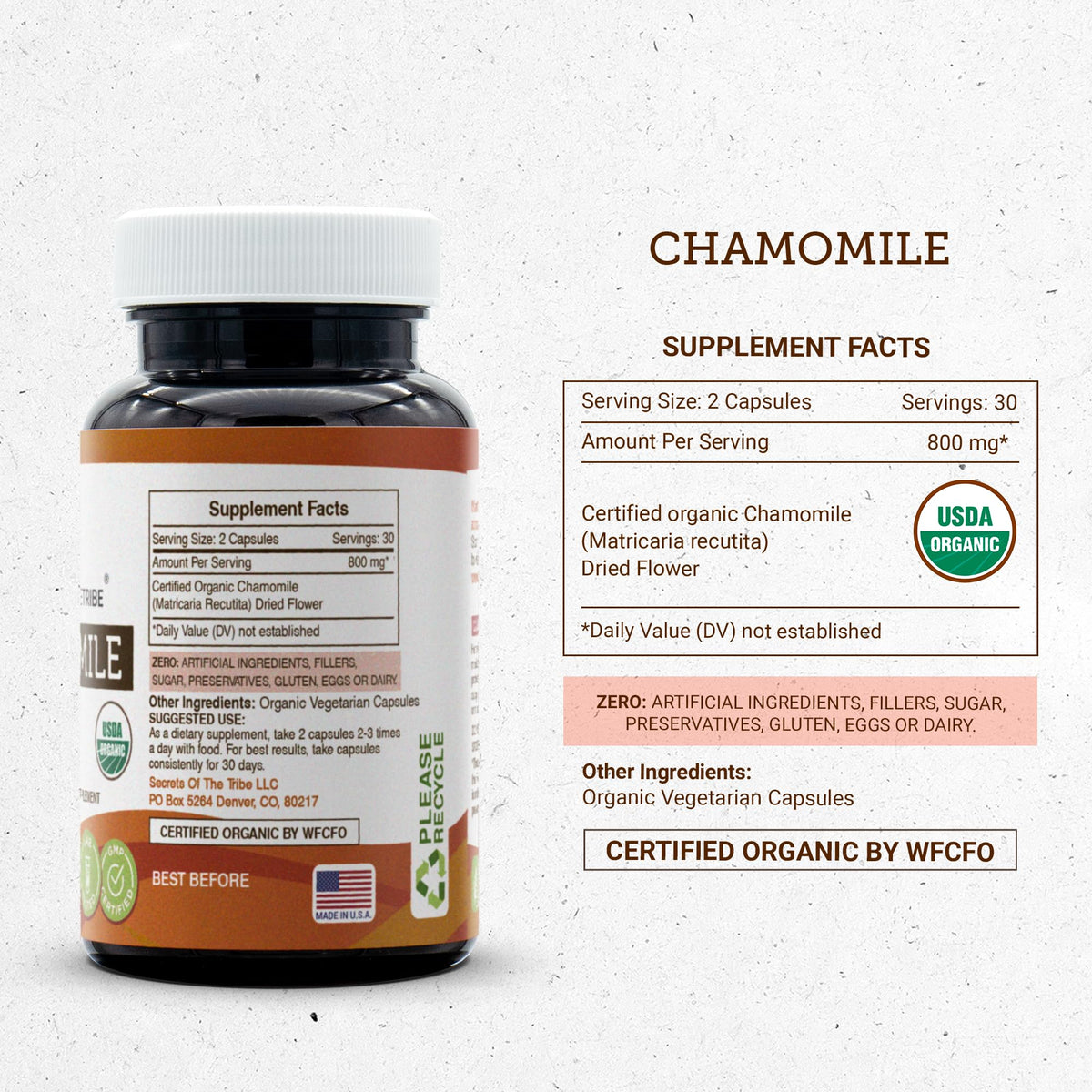 USDA Organic certified chamomile capsules by Secrets of the Tribe for digestive comfort.