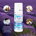 Back label of MG12 The Power Of Magnesium roll on bottle featuring clean ingredients and transdermal application instructions.