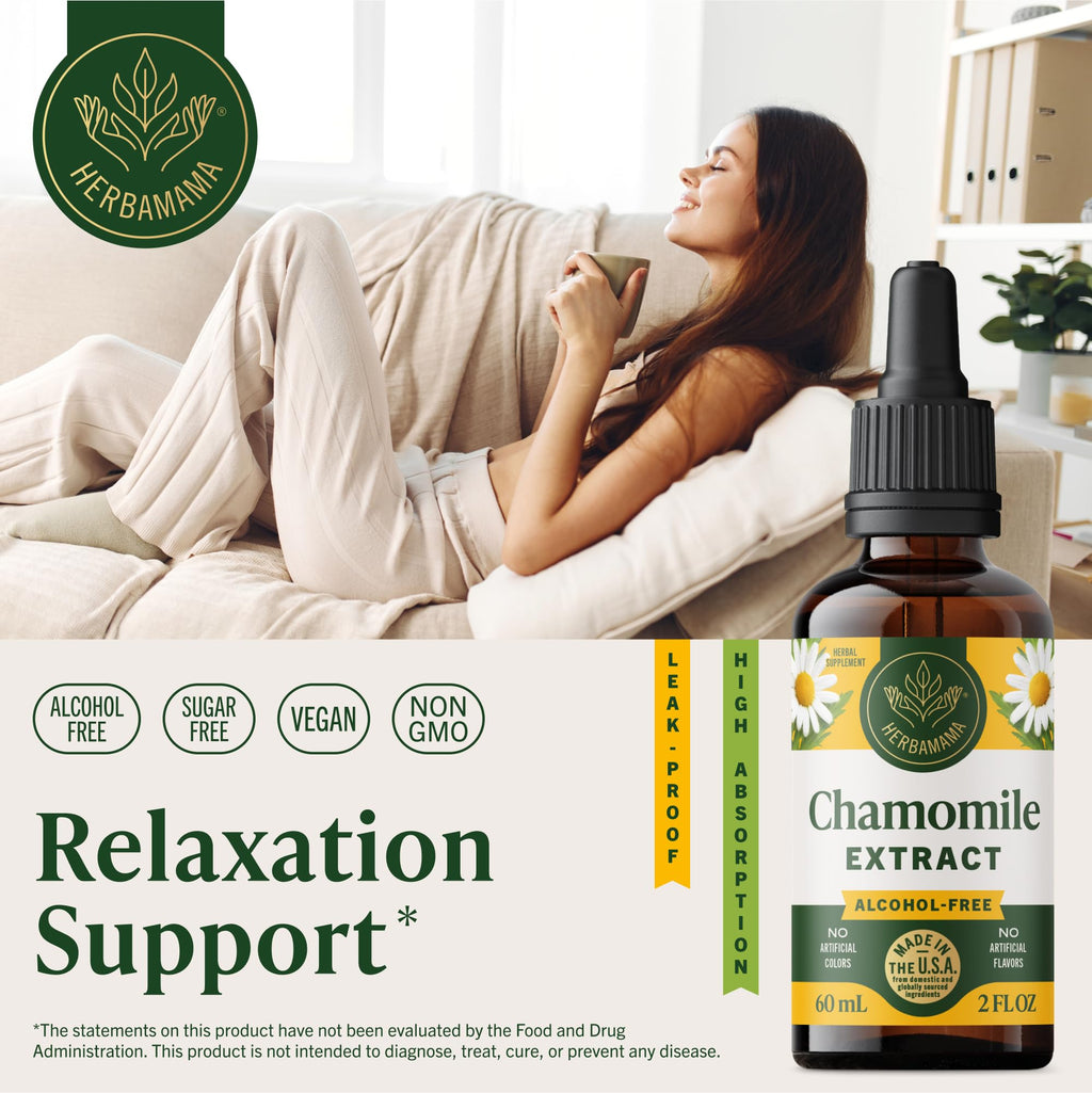 HERBAMAMA Chamomile Extract liquid drops showing clean supplement facts label panel and vegan ingredients.