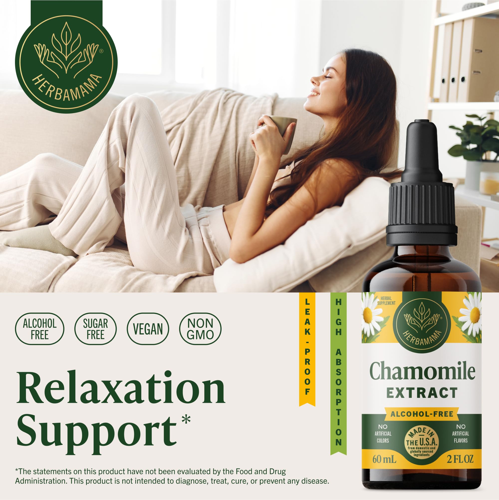 HERBAMAMA Chamomile Extract liquid drops showing clean supplement facts label panel and vegan ingredients.