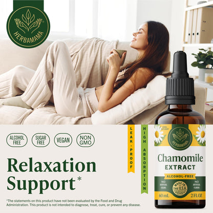 HERBAMAMA Chamomile Extract liquid drops showing clean supplement facts label panel and vegan ingredients.