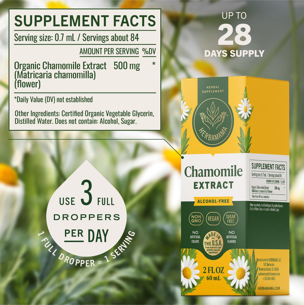 Alcohol free herbal calming supplement bottle with easy dose dropper lid layout.